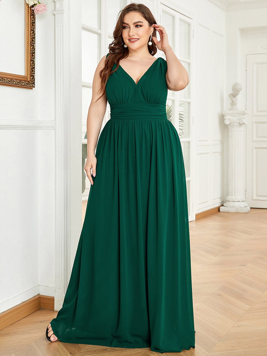 Plus Size Sleeveless V-Neck Semi-Formal Chiffon Bridesmaid Dress #color_Dark Green