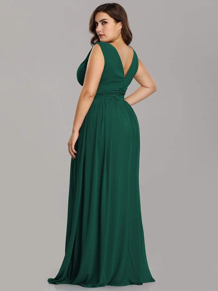 Pleated Sleeveless V-Neck Chiffon Maxi Dress #color_Dark Green