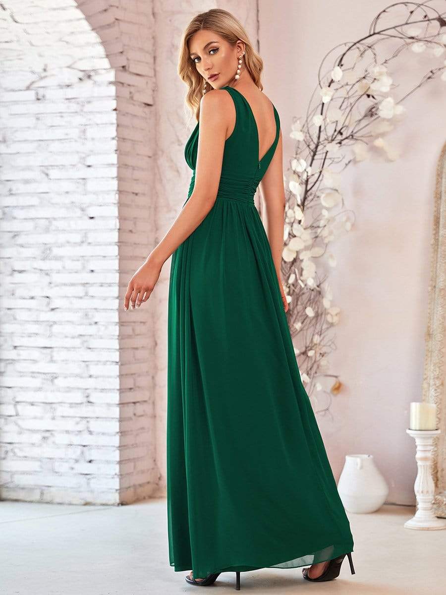 Pleated Sleeveless V-Neck Chiffon Maxi Dress #color_Dark Green