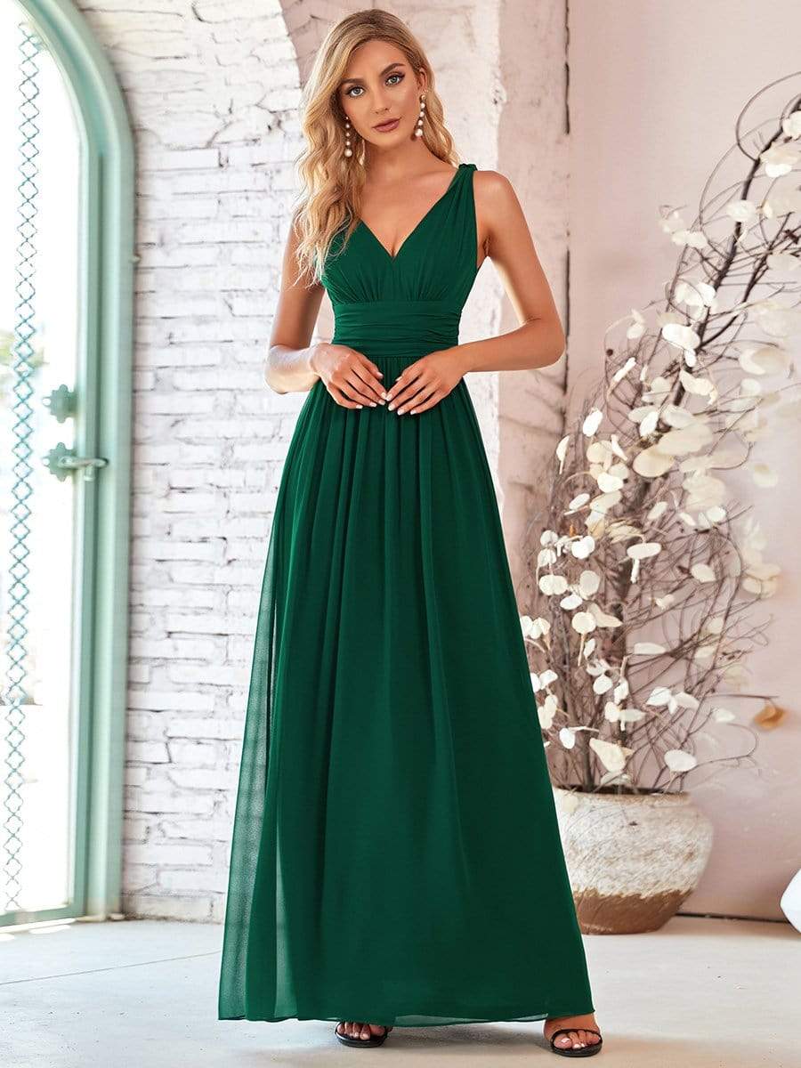 Pleated Sleeveless V-Neck Chiffon Maxi Dress #color_Dark Green