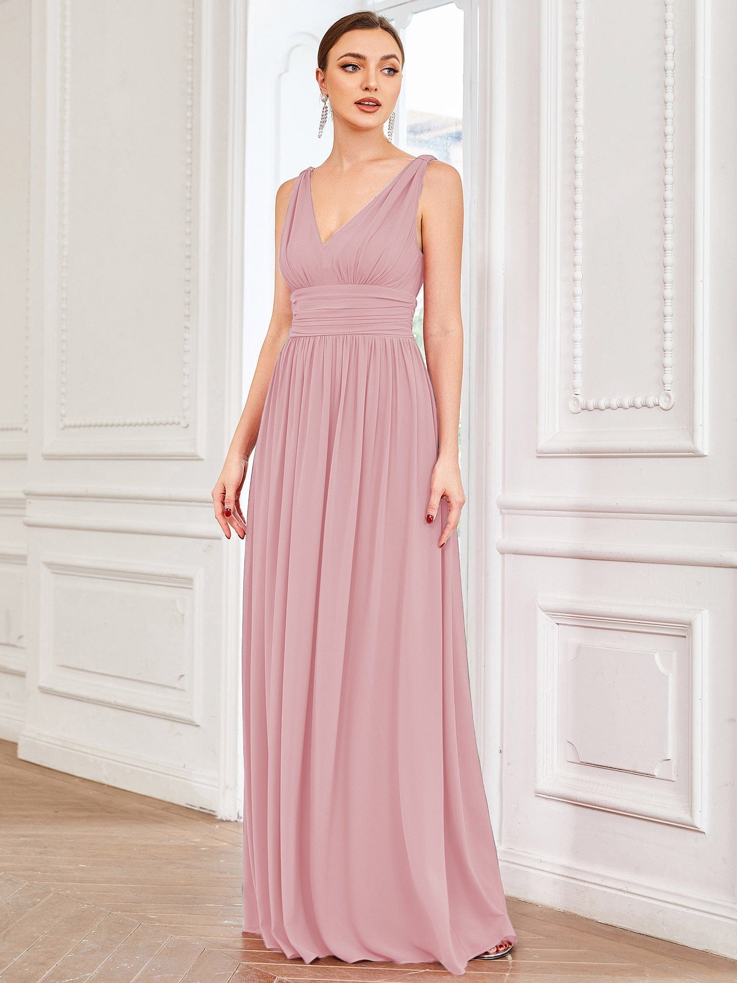 Custom Size Chiffon Sleeveless V-Neck Maxi Bridesmaid Dress #color_Dusty Rose