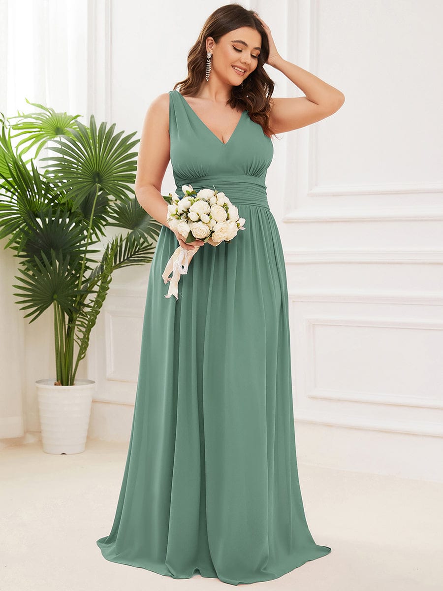 Custom Size Chiffon Sleeveless V-Neck Maxi Bridesmaid Dress #color_Green Bean