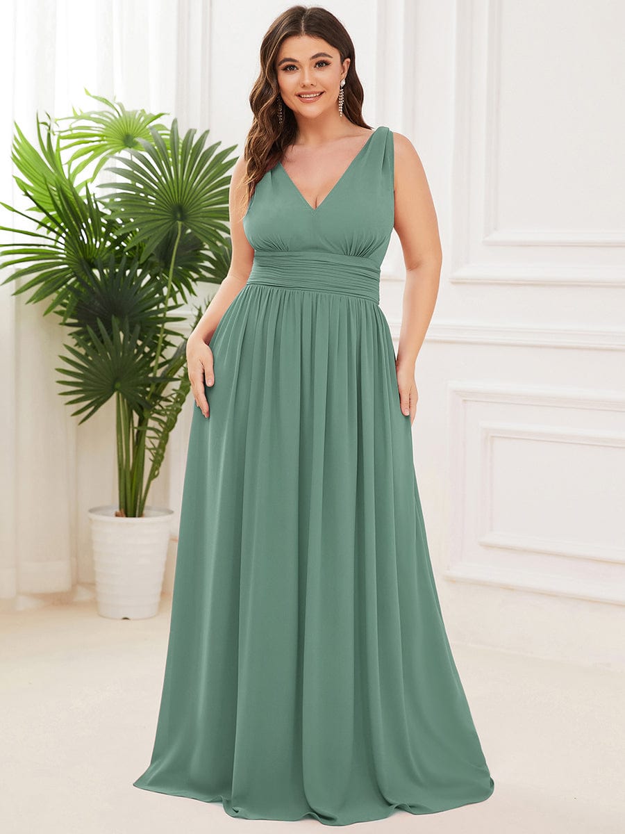 Custom Size Chiffon Sleeveless V-Neck Maxi Bridesmaid Dress #color_Green Bean