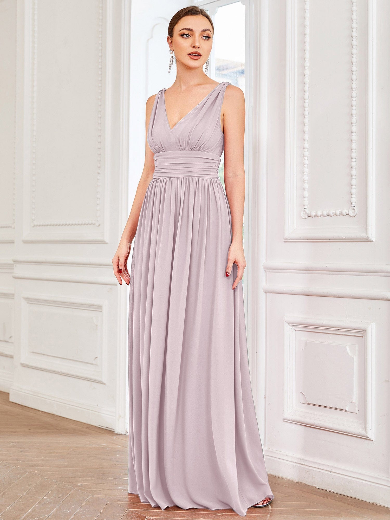 Custom Size Chiffon Sleeveless V-Neck Maxi Bridesmaid Dress #color_Lilac