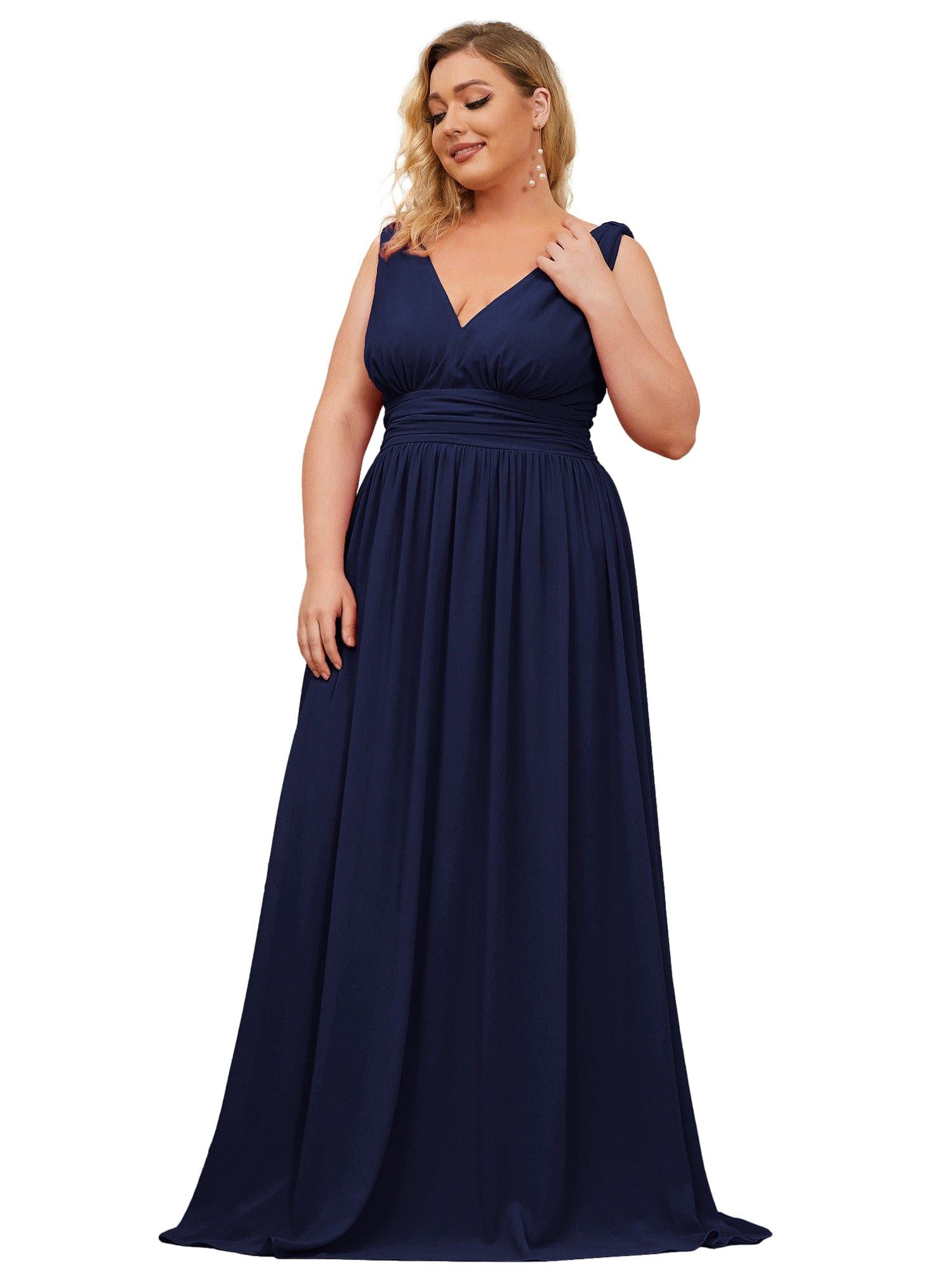 Custom Size Chiffon Sleeveless V-Neck Maxi Bridesmaid Dress #color_Navy Blue