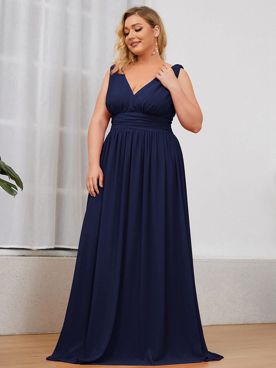 Custom Size Chiffon Sleeveless V-Neck Maxi Bridesmaid Dress #color_Navy Blue