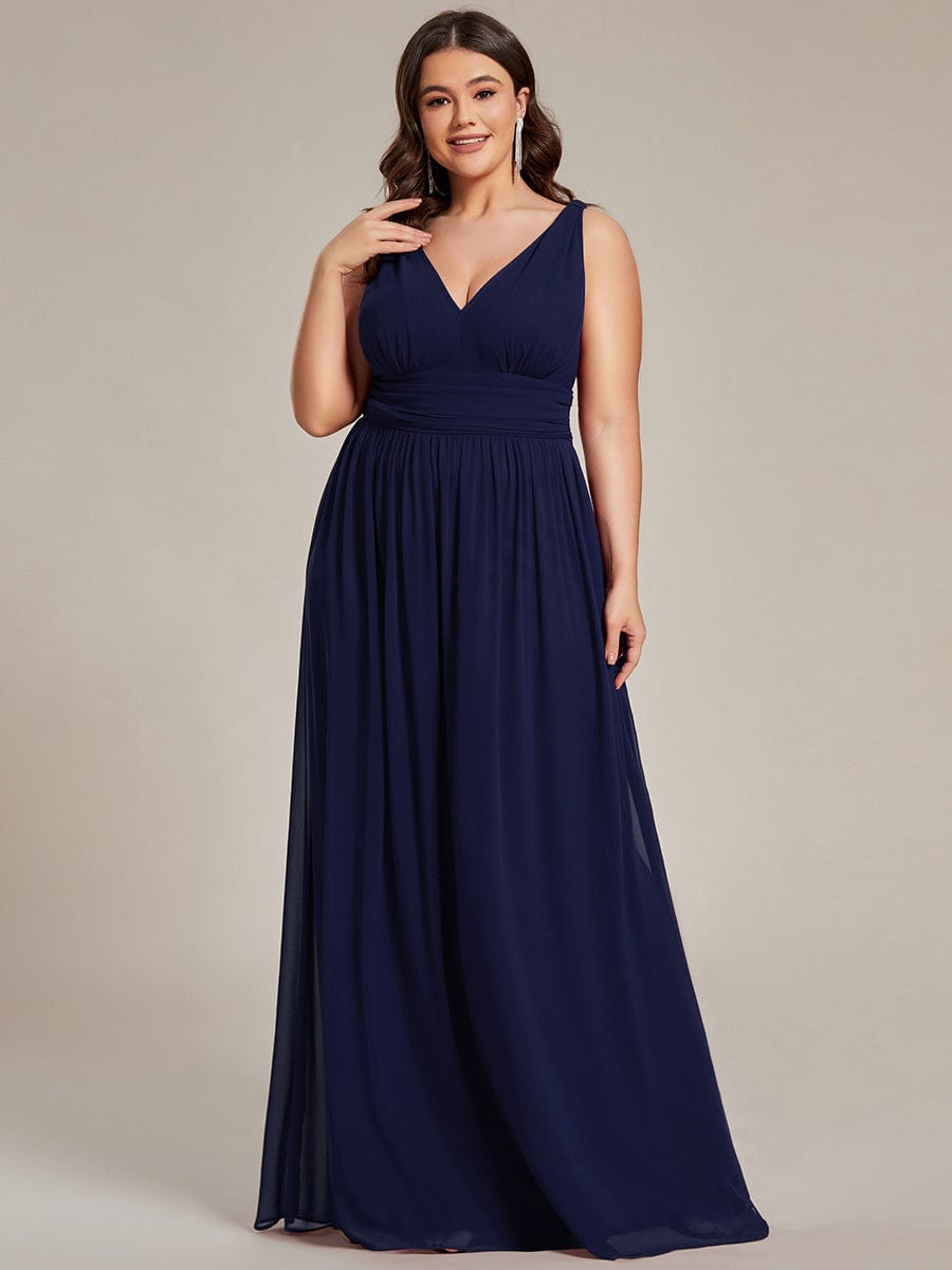 Pleated Sleeveless V-Neck Chiffon Maxi Dress #color_Navy Blue