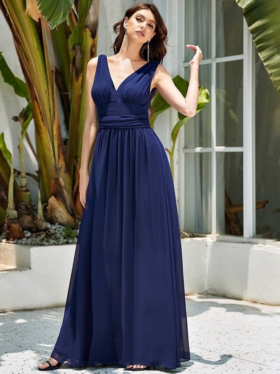 Pleated Sleeveless V-Neck Chiffon Maxi Dress #color_Navy Blue