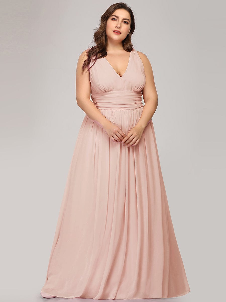 Custom Size Chiffon Sleeveless V-Neck Maxi Bridesmaid Dress #color_Pink