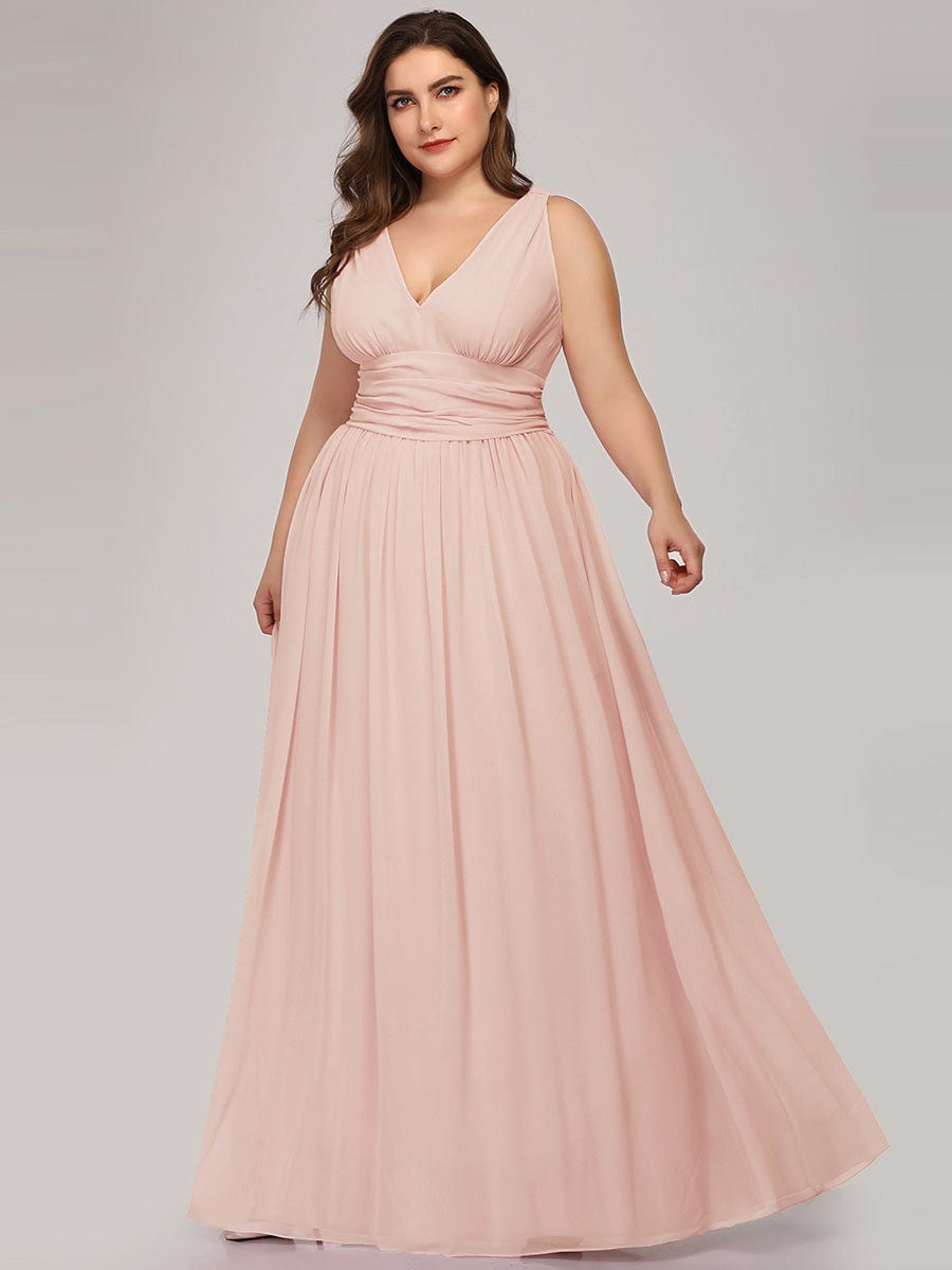 Custom Size Chiffon Sleeveless V-Neck Maxi Bridesmaid Dress #color_Pink