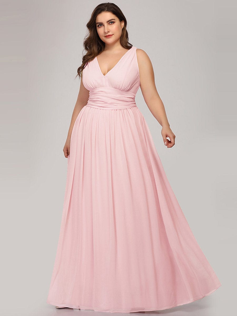 Plus Size Sleeveless V-Neck Semi-Formal Chiffon Bridesmaid Dress #color_Pink