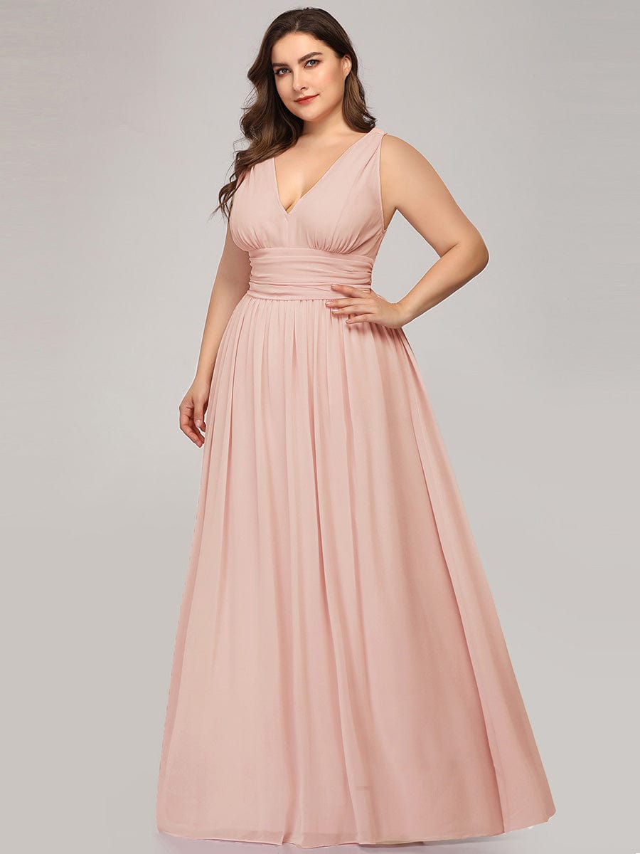 Custom Size Chiffon Sleeveless V-Neck Maxi Bridesmaid Dress #color_Pink