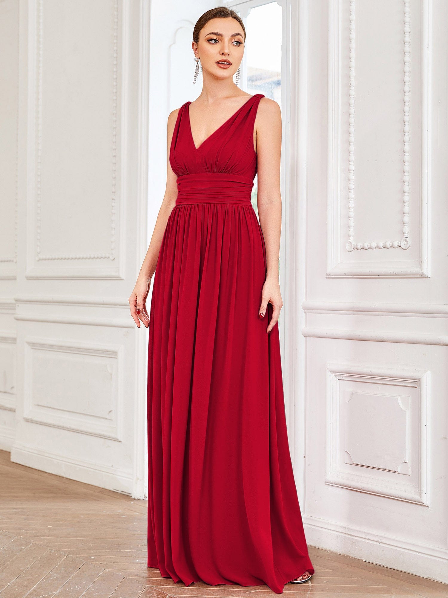 Custom Size Chiffon Sleeveless V-Neck Maxi Bridesmaid Dress #color_Red