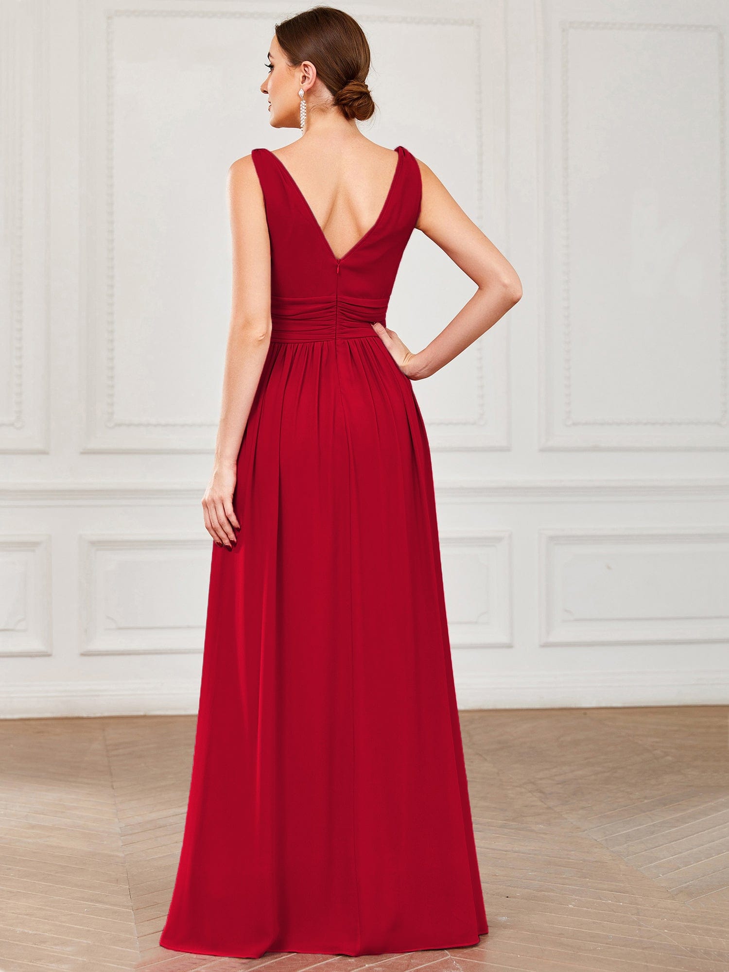 Custom Size Chiffon Sleeveless V-Neck Maxi Bridesmaid Dress #color_Red