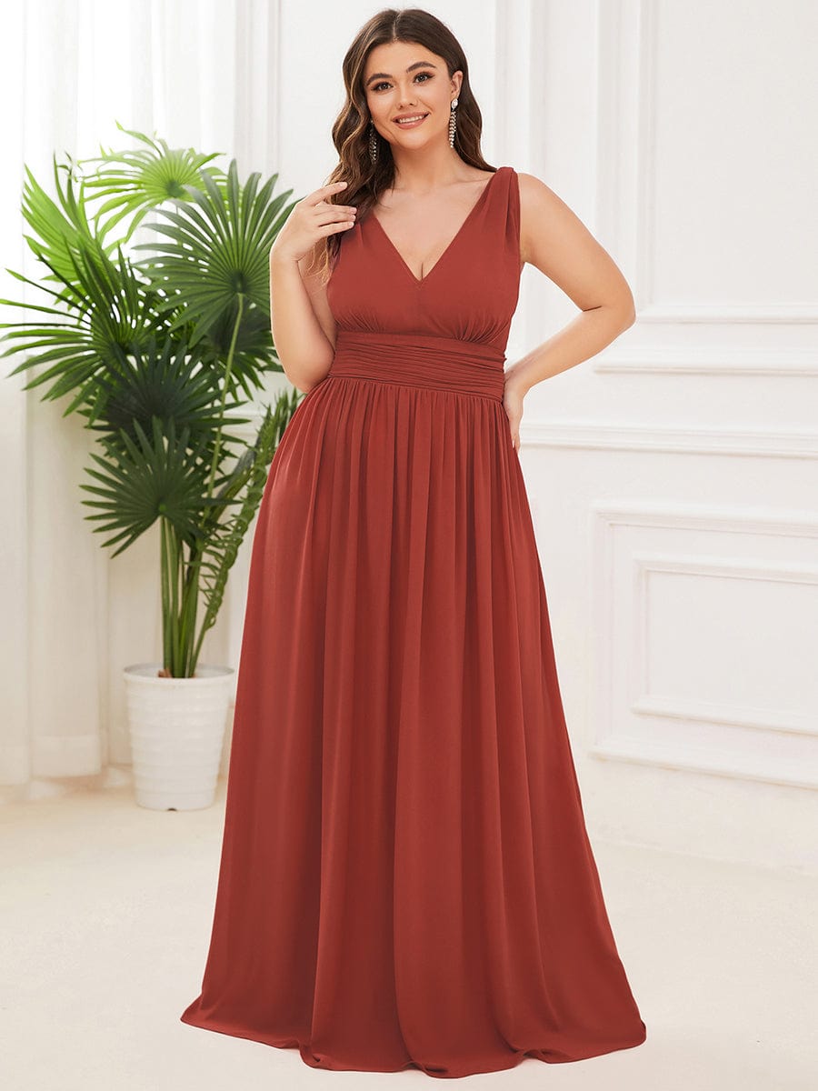 Custom Size Chiffon Sleeveless V-Neck Maxi Bridesmaid Dress #color_Vermilion