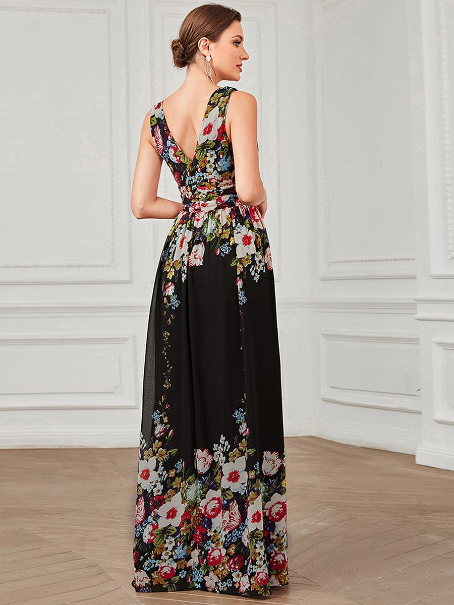 Chiffon Empire Waist Sleeveless Pleated Bridesmaid Dress #color_Black and Printed