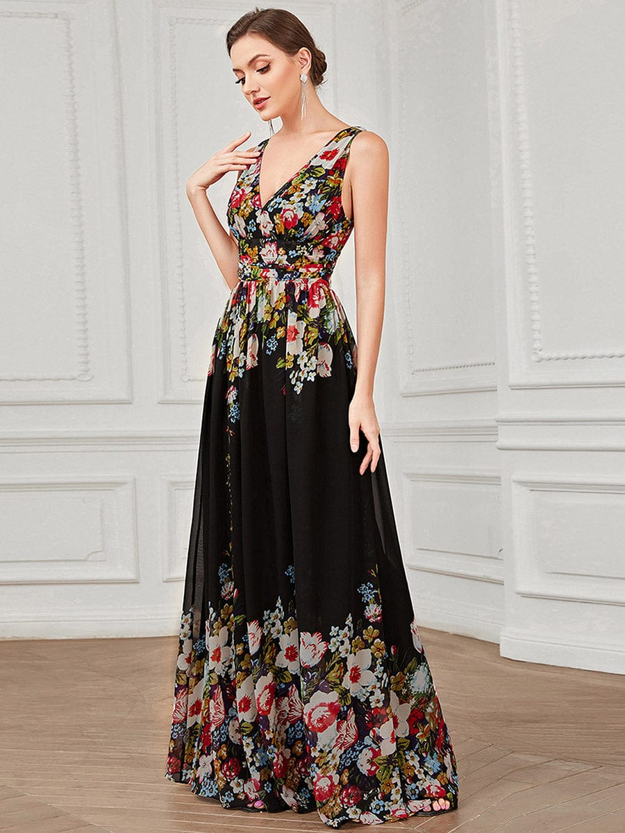 Chiffon Empire Waist Sleeveless Pleated Bridesmaid Dress #color_Black and Printed