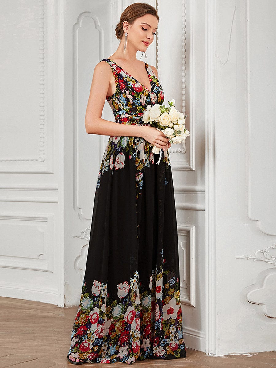 Chiffon Empire Waist Sleeveless Pleated Bridesmaid Dress #color_Black and Printed