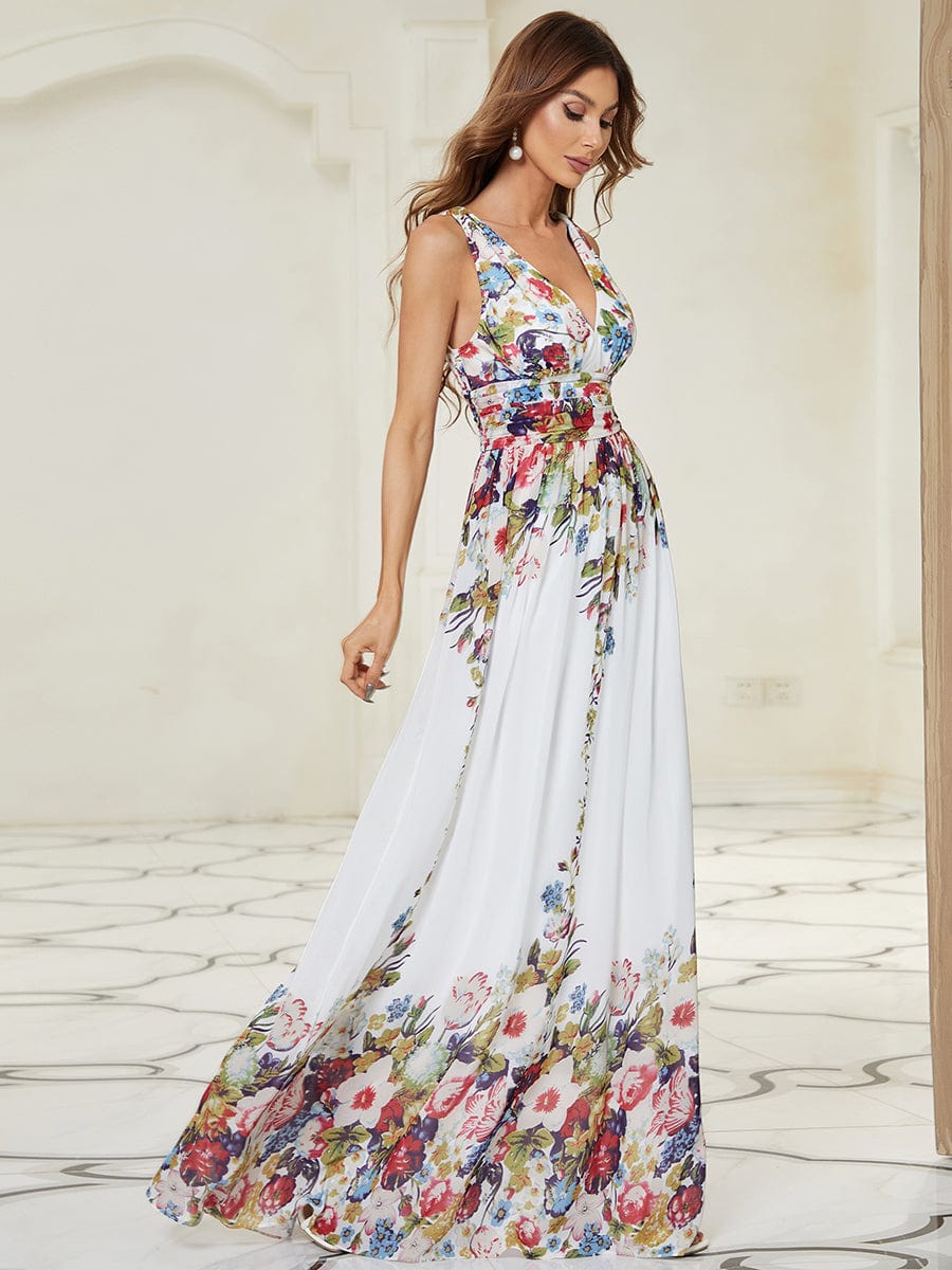 Chiffon Empire Waist Sleeveless Pleated Bridesmaid Dress #color_Printed Cream