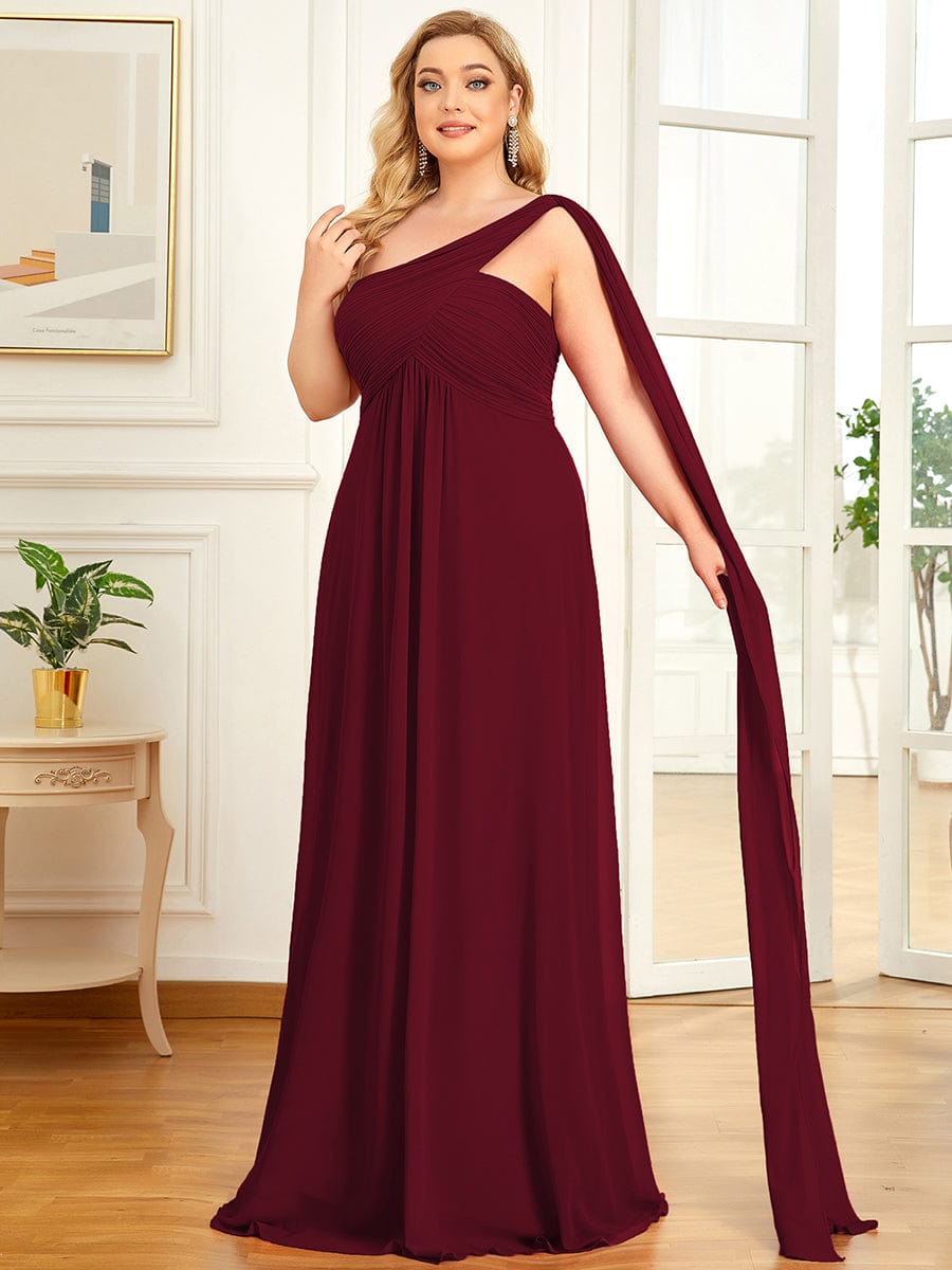 One Shoulder Pleated Chiffion Bridesmaid Sleeves #color_Burgundy