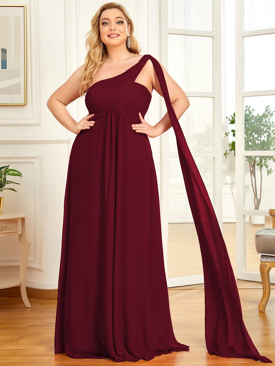 One Shoulder Pleated Chiffion Bridesmaid Sleeves #color_Burgundy