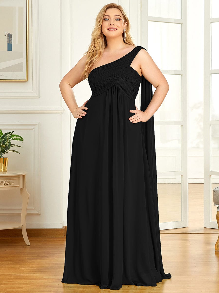 One Shoulder Pleated Chiffion Bridesmaid Sleeves #color_Black