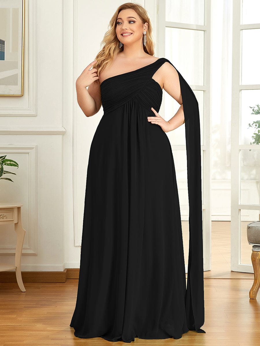 One Shoulder Pleated Chiffion Bridesmaid Sleeves #color_Black