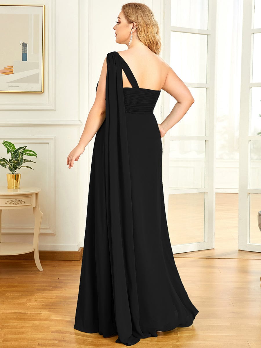 One Shoulder Pleated Chiffion Bridesmaid Sleeves #color_Black