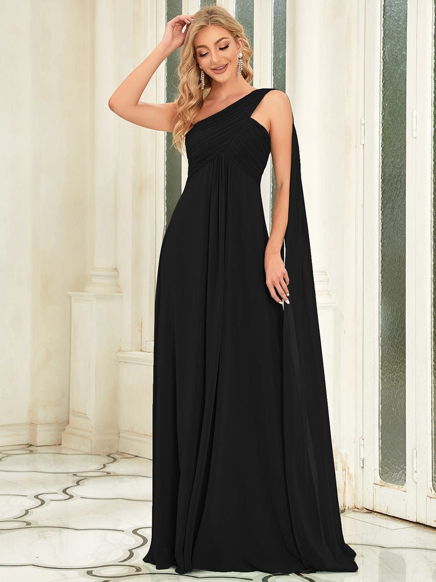 One Shoulder Pleated Chiffion Bridesmaid Sleeves #color_Black