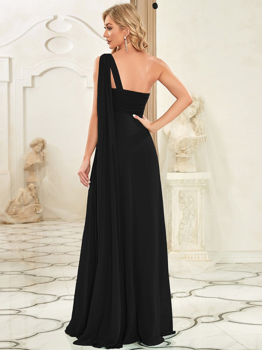 One Shoulder Pleated Chiffion Bridesmaid Sleeves #color_Black