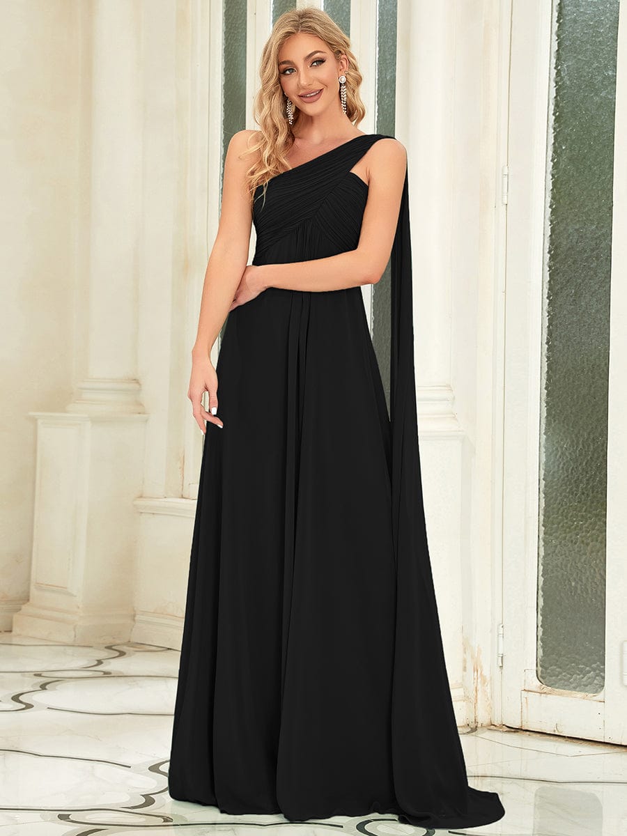 One Shoulder Pleated Chiffion Bridesmaid Sleeves #color_Black