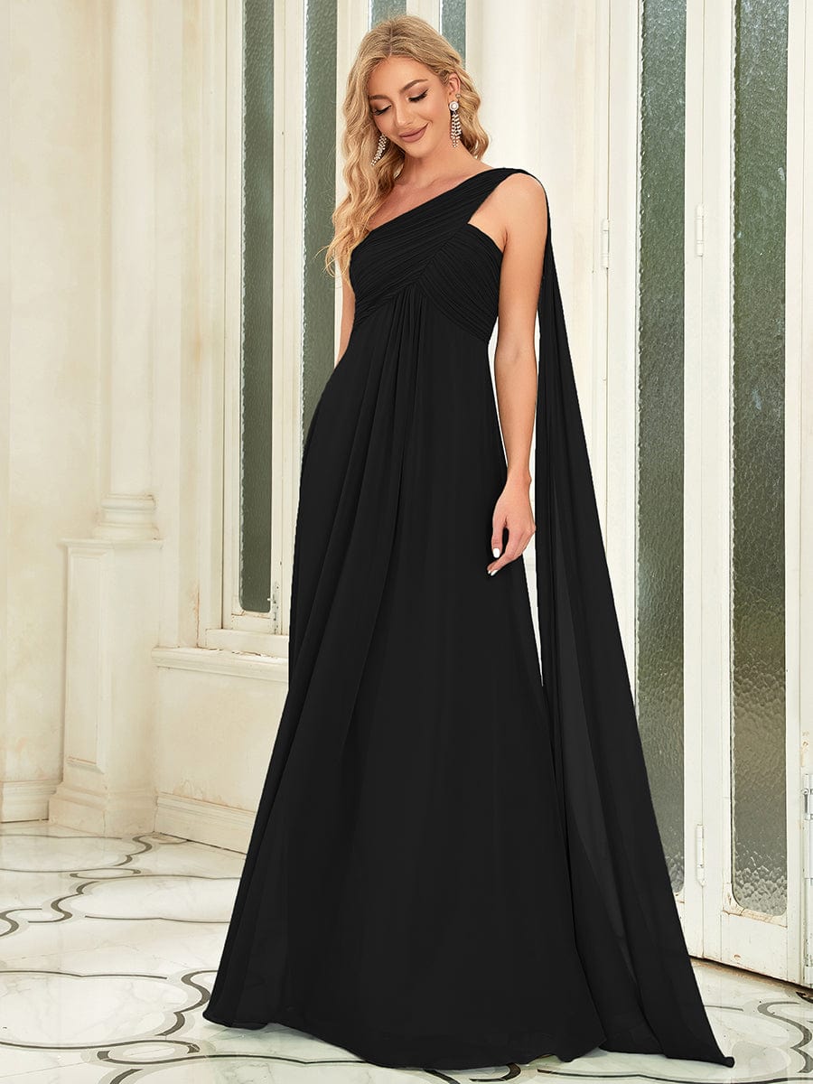 One Shoulder Pleated Chiffion Bridesmaid Sleeves #color_Black