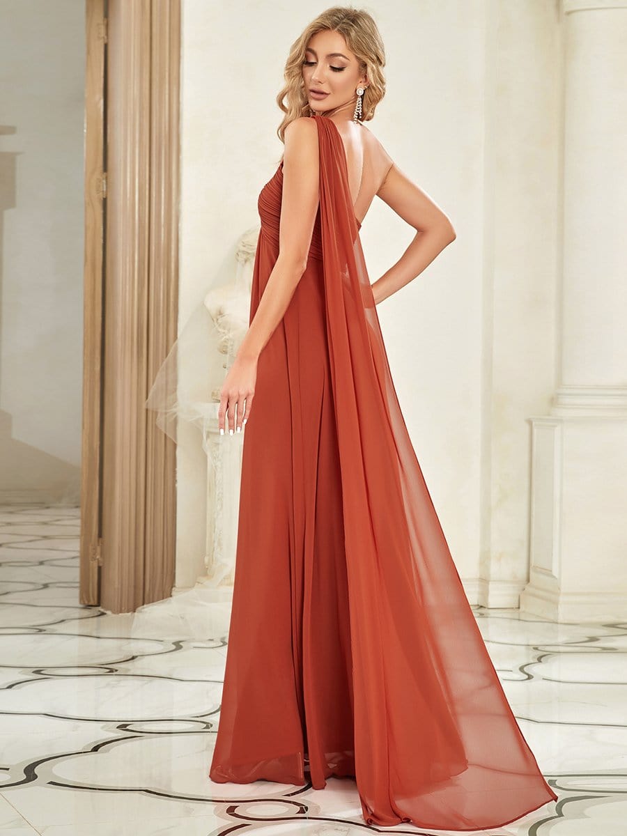 One Shoulder Pleated Chiffion Bridesmaid Sleeves #color_Burnt Orange