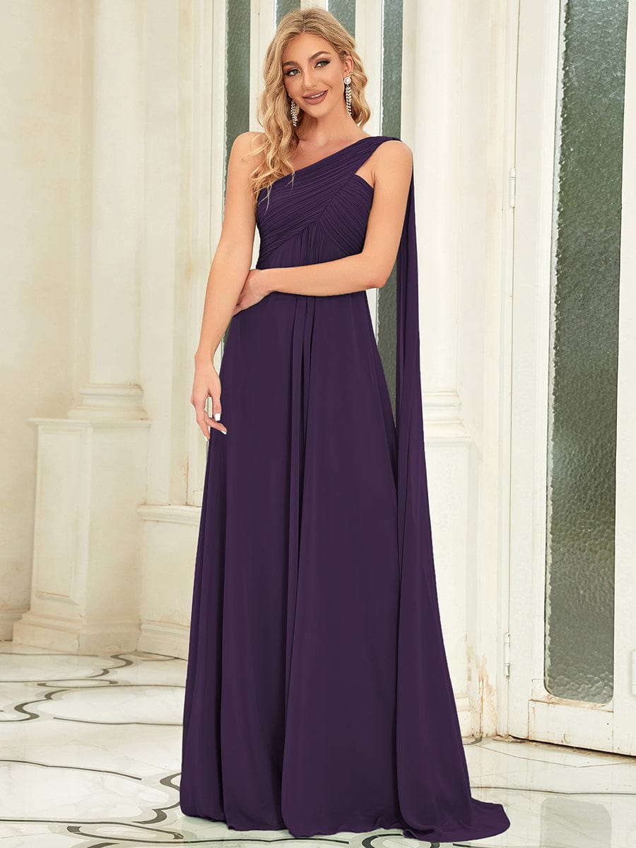 One Shoulder Pleated Chiffion Bridesmaid Sleeves #color_Dark Purple