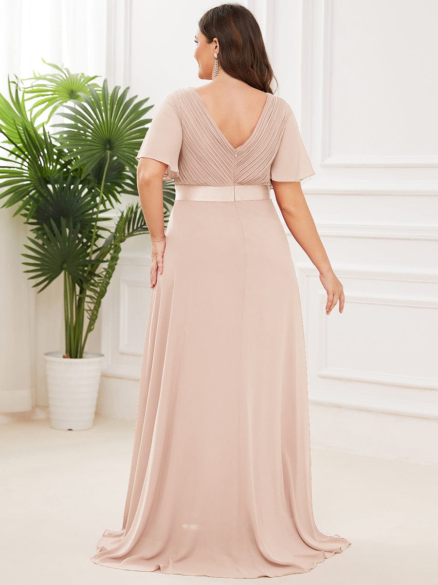 Plus Size Long Empire Waist Evening Dress With Short Flutter Sleeves #color_Blush