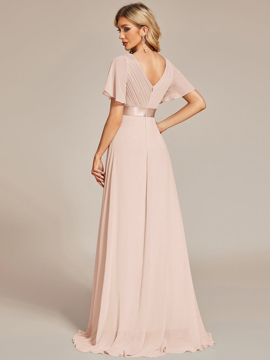 Long Empire Waist Evening Dress with Short Flutter Sleeves #color_Blush