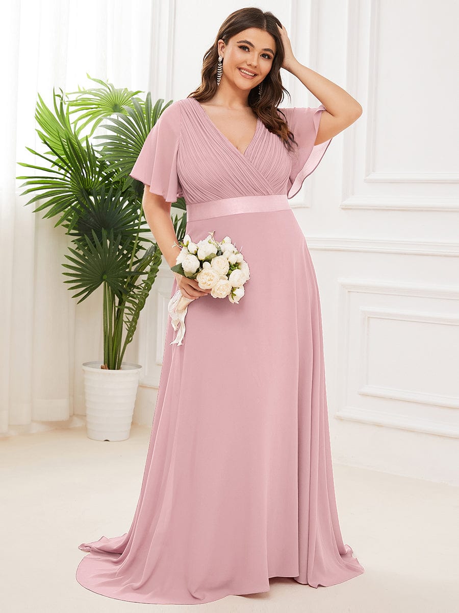 Long Empire Waist Evening Dress with Short Flutter Sleeves #color_Dusty Rose