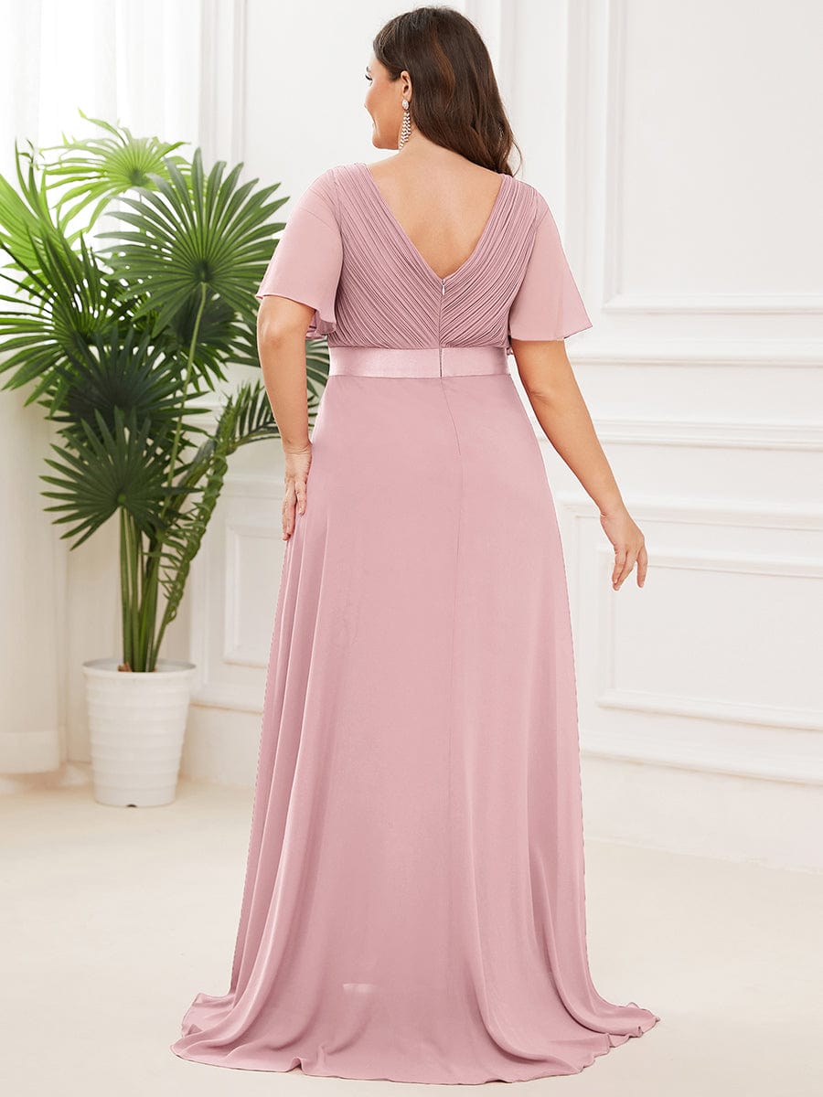 Plus Size Long Empire Waist Evening Dress With Short Flutter Sleeves #color_Dusty Rose