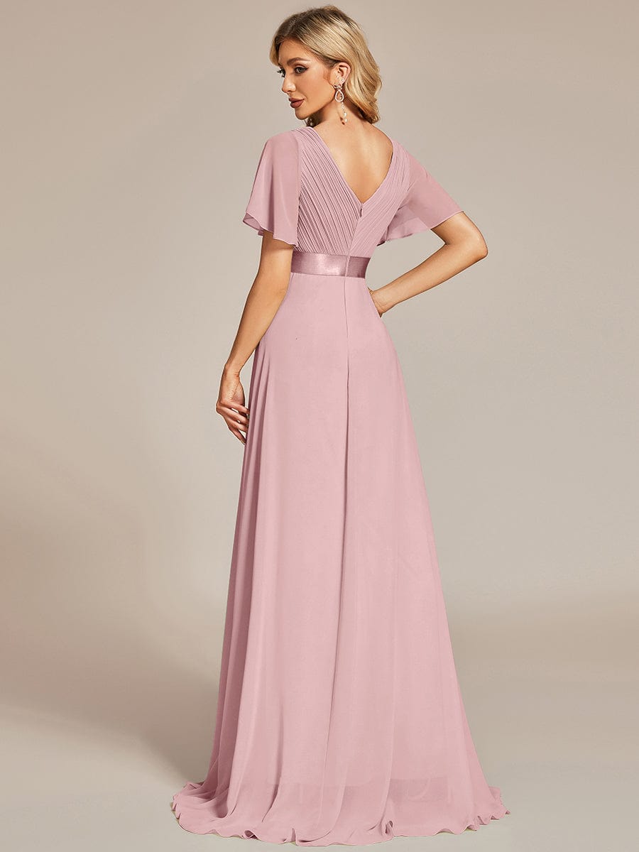 Long Empire Waist Evening Dress with Short Flutter Sleeves #color_Dusty Rose