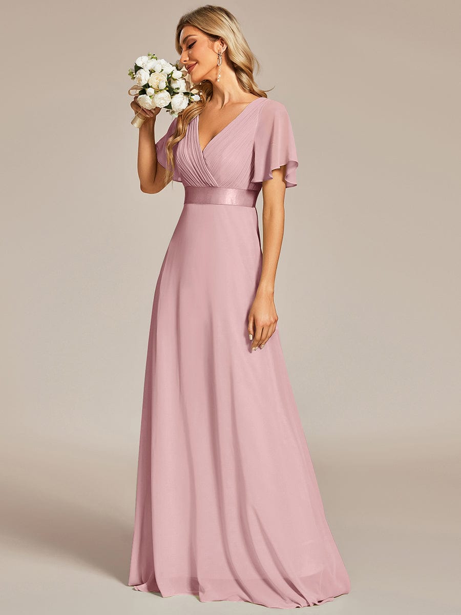 Long Empire Waist Evening Dress with Short Flutter Sleeves #color_Dusty Rose