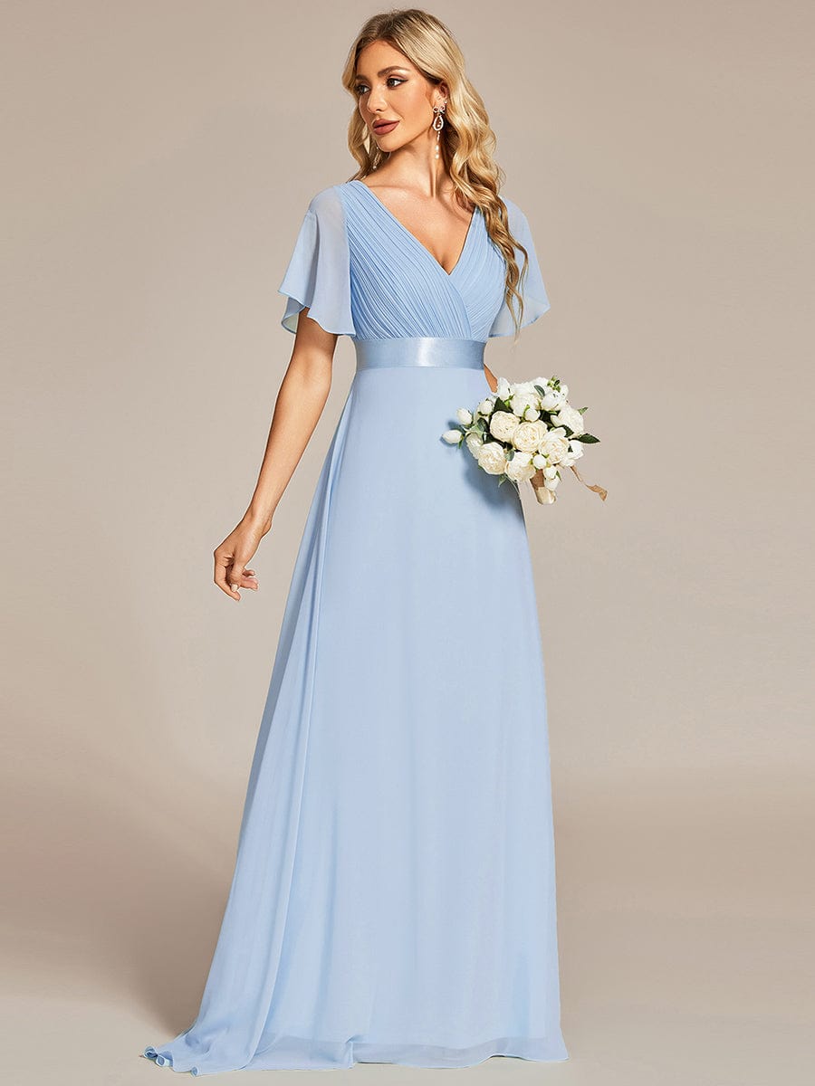 Long Empire Waist Evening Dress with Short Flutter Sleeves #color_Ice Blue