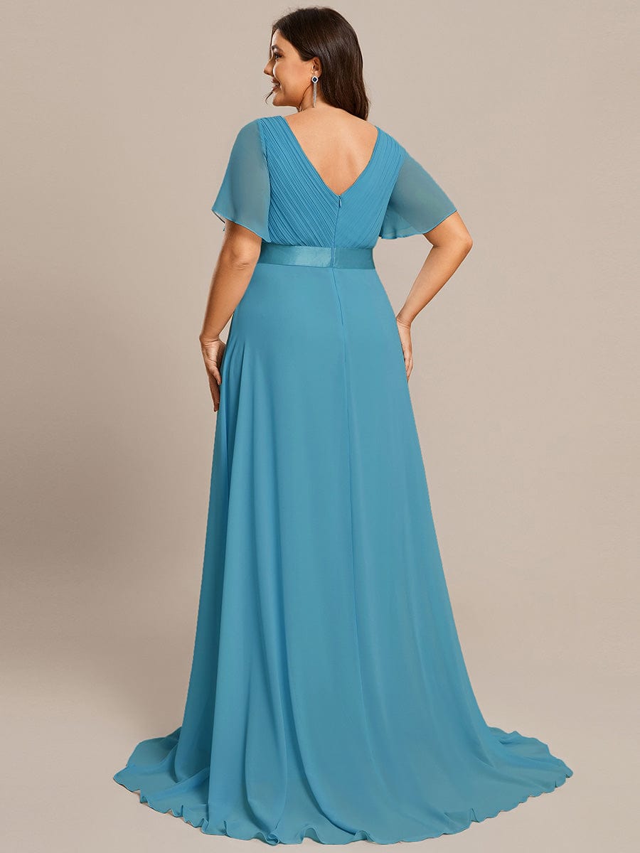 Long Empire Waist Evening Dress with Short Flutter Sleeves #color_Jade Blue
