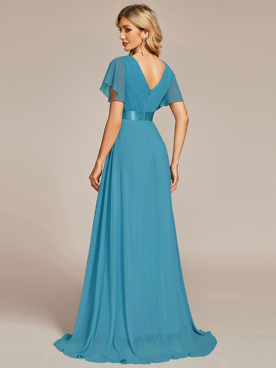 Long Empire Waist Evening Dress with Short Flutter Sleeves #color_Jade Blue