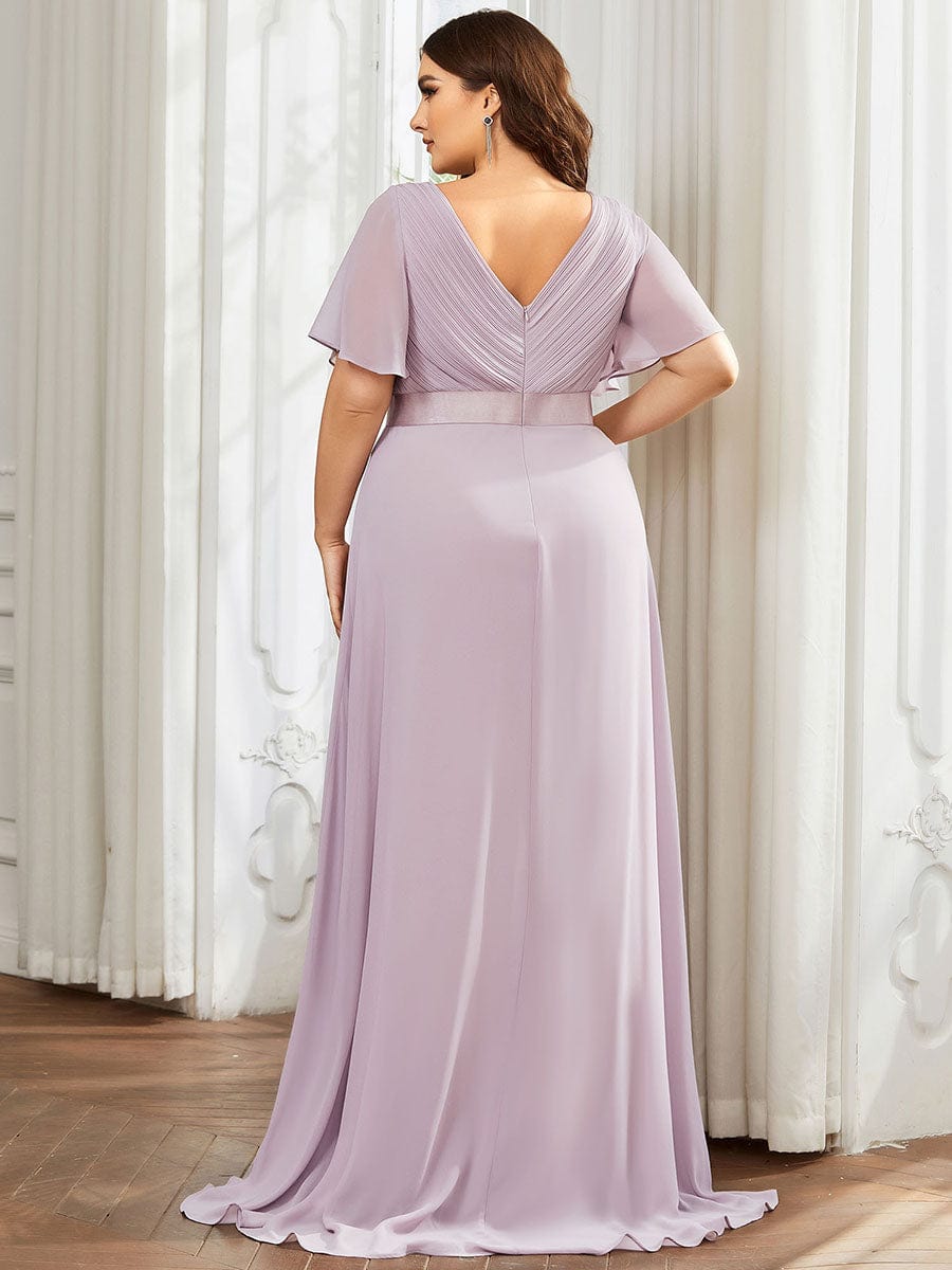 Plus Size Long Empire Waist Evening Dress With Short Flutter Sleeves #color_Lilac