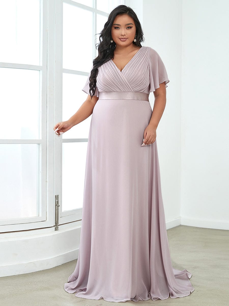 Long Empire Waist Evening Dress with Short Flutter Sleeves #color_Lilac