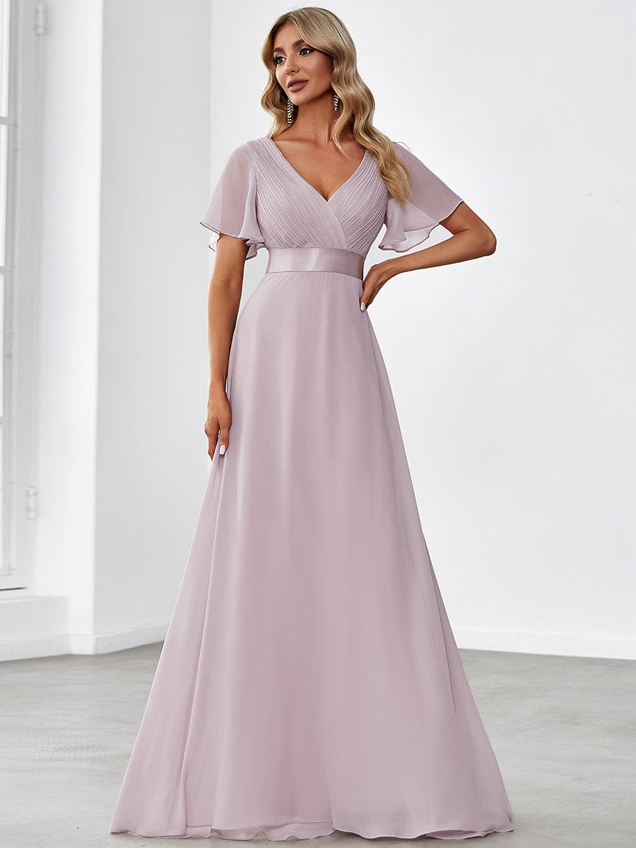 Long Empire Waist Evening Dress with Short Flutter Sleeves #color_Lilac