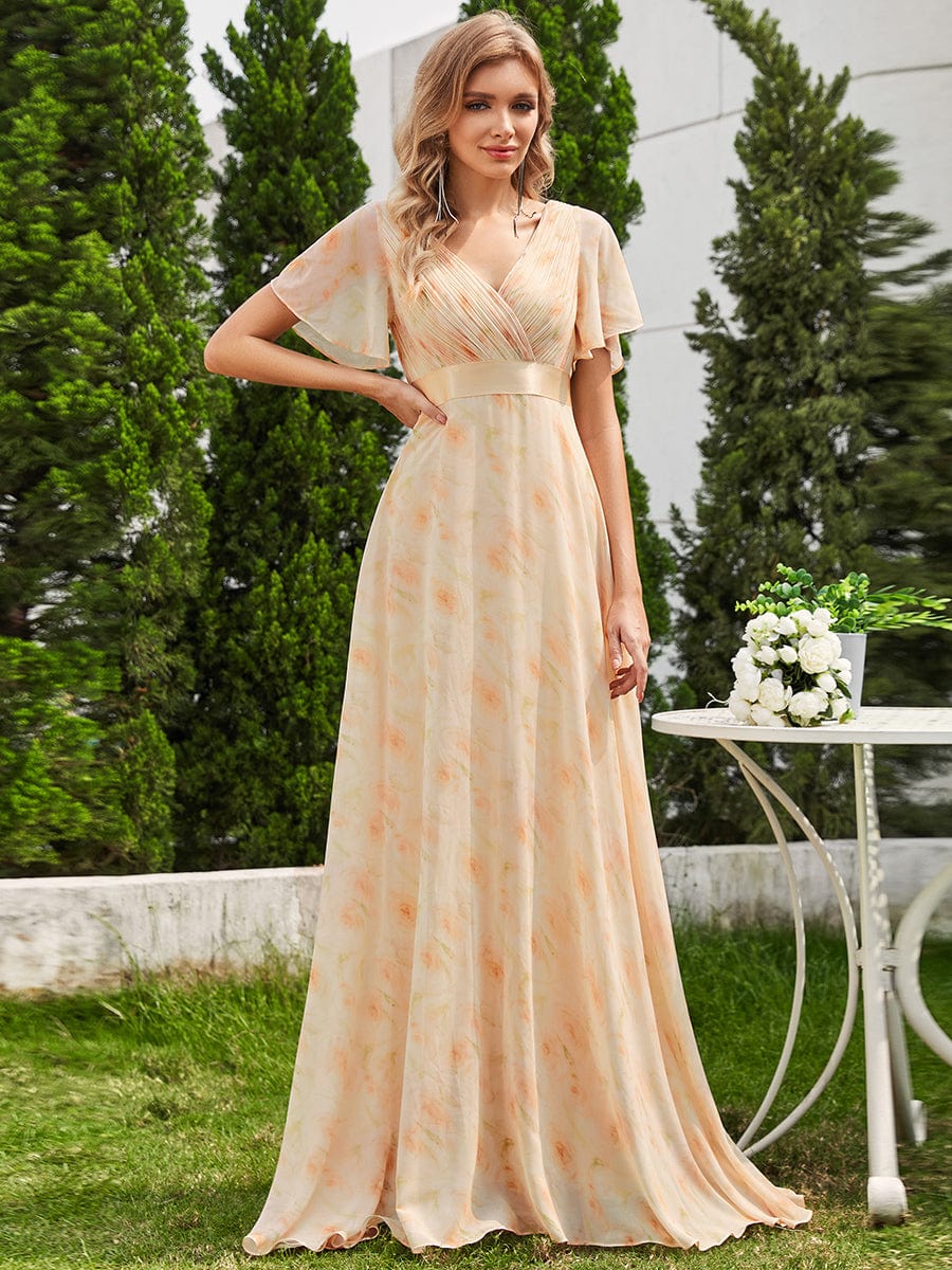 Long Empire Waist Evening Dress with Short Flutter Sleeves #color_Golden Roses