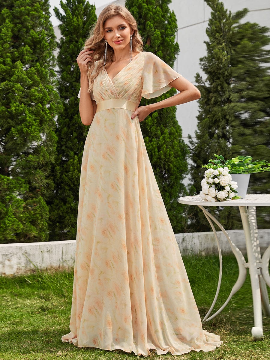 Long Empire Waist Evening Dress with Short Flutter Sleeves #color_Golden Roses