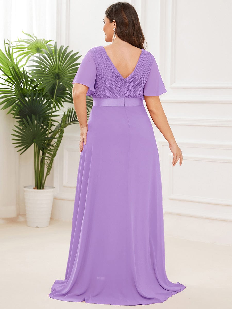 Custom Size V-neck Empire Waist Maxi Bridesmaid Dress with Short Sleeves #color_Lavender