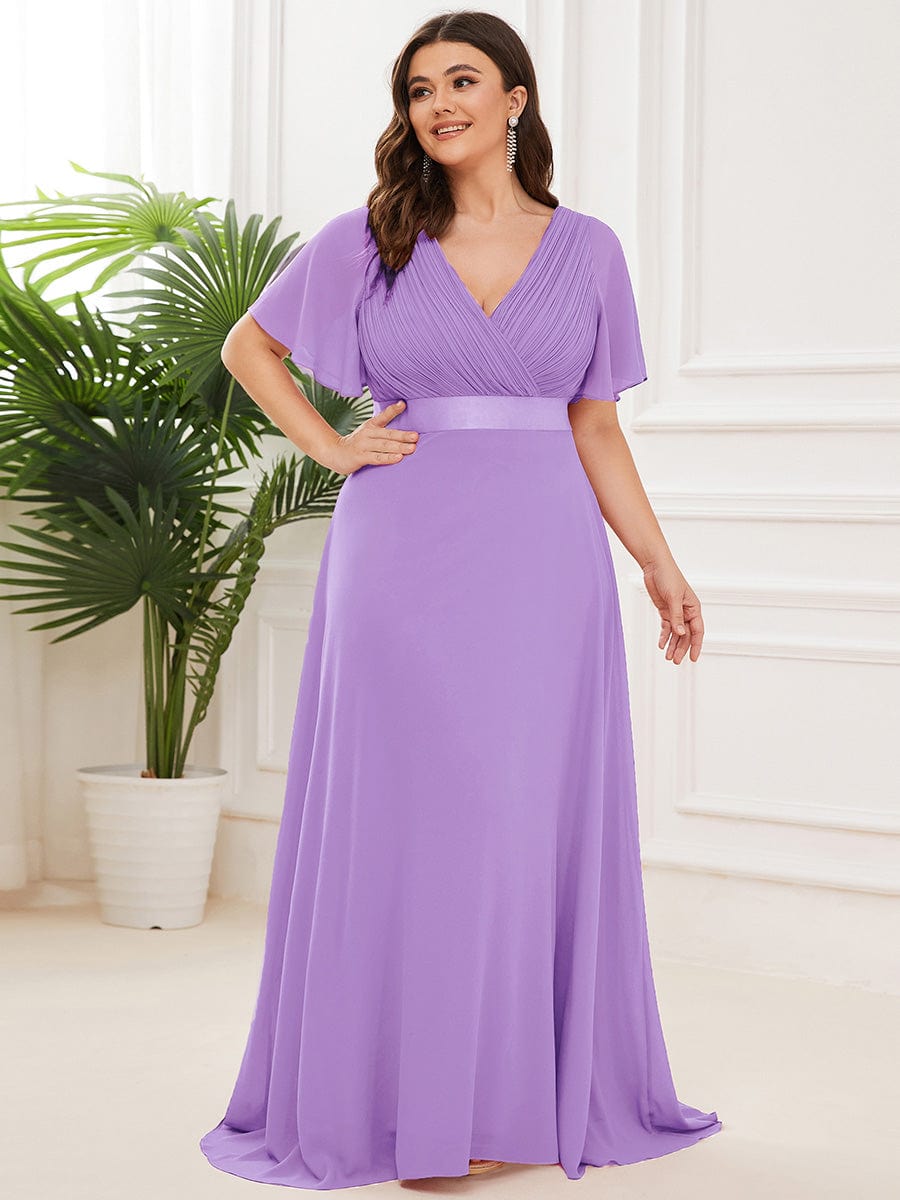 Plus Size Long Empire Waist Evening Dress With Short Flutter Sleeves #color_Lavender